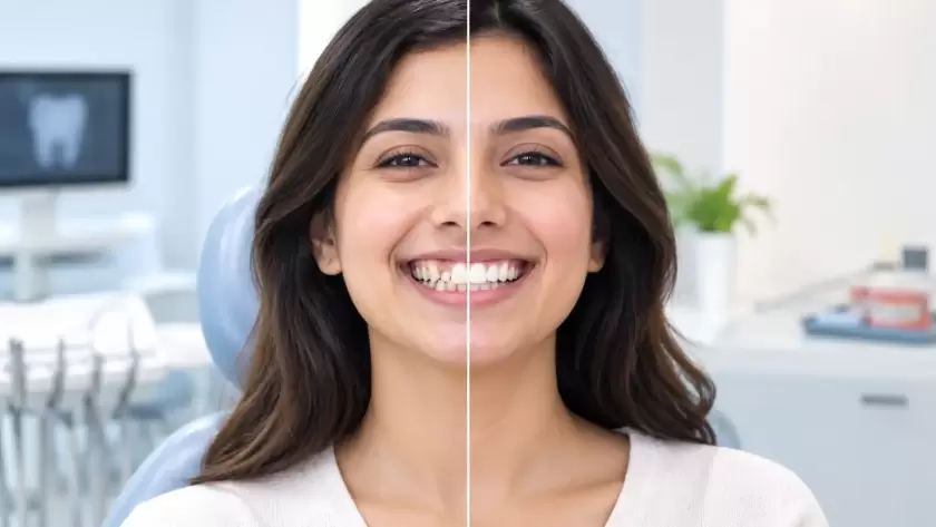 Before and after showing crooked teeth corrected without extraction