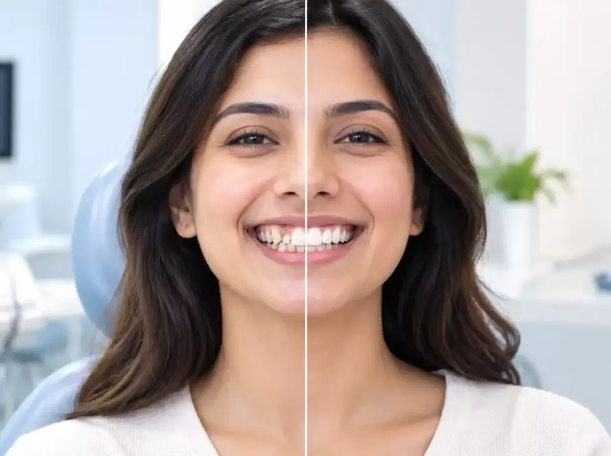 Before and after showing crooked teeth corrected without extraction